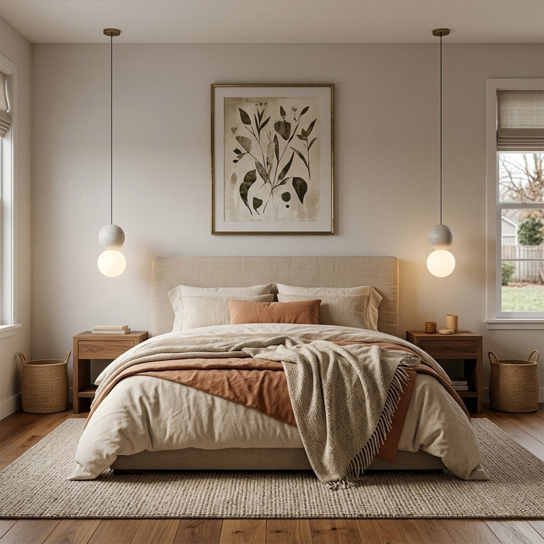 Norra Pink concrete mini pendant pair hanging beside bed instead of bedside lamps modern girly bedroom