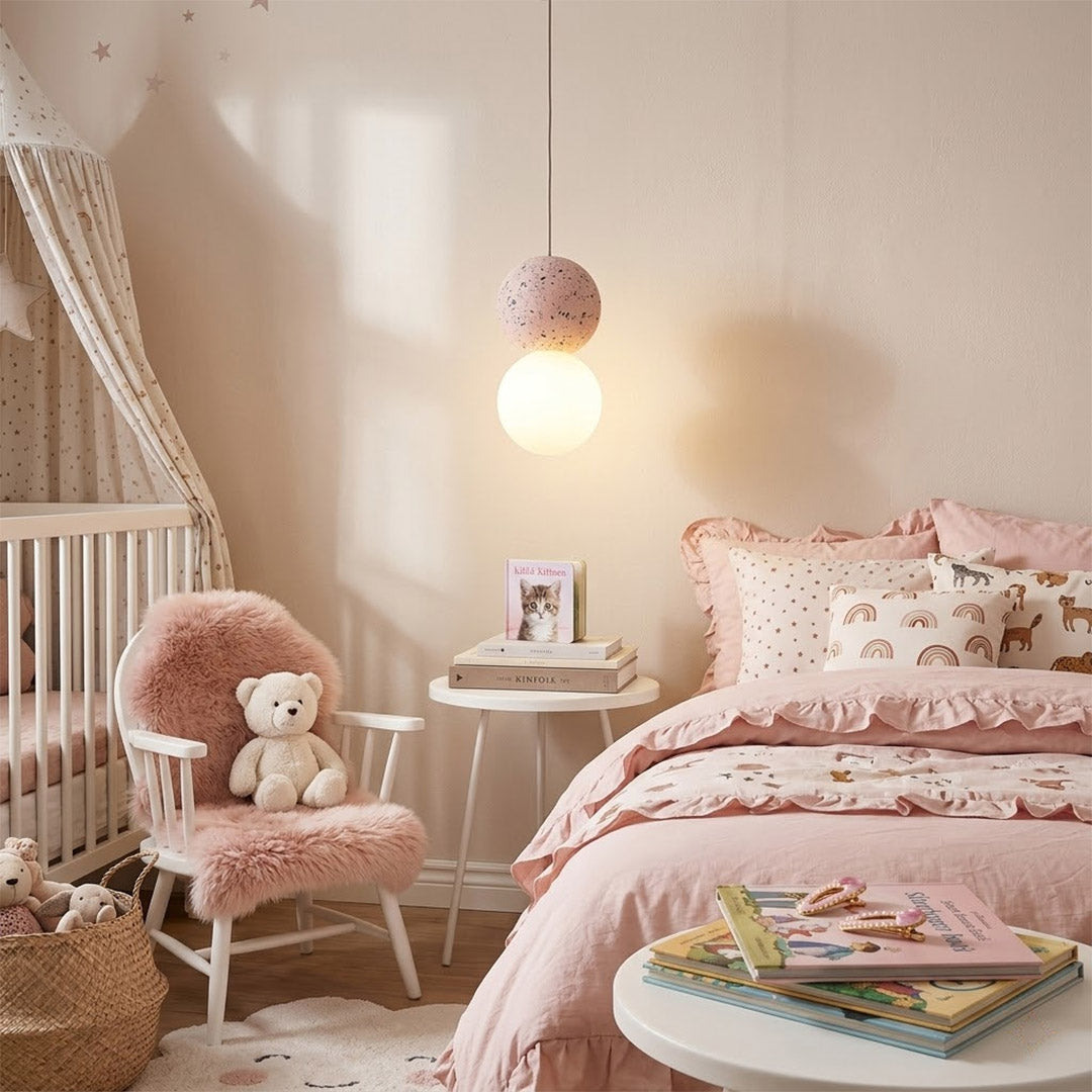 Norra Pink concrete mini pendant pair hanging beside bed instead of bedside lamps modern girly bedroom