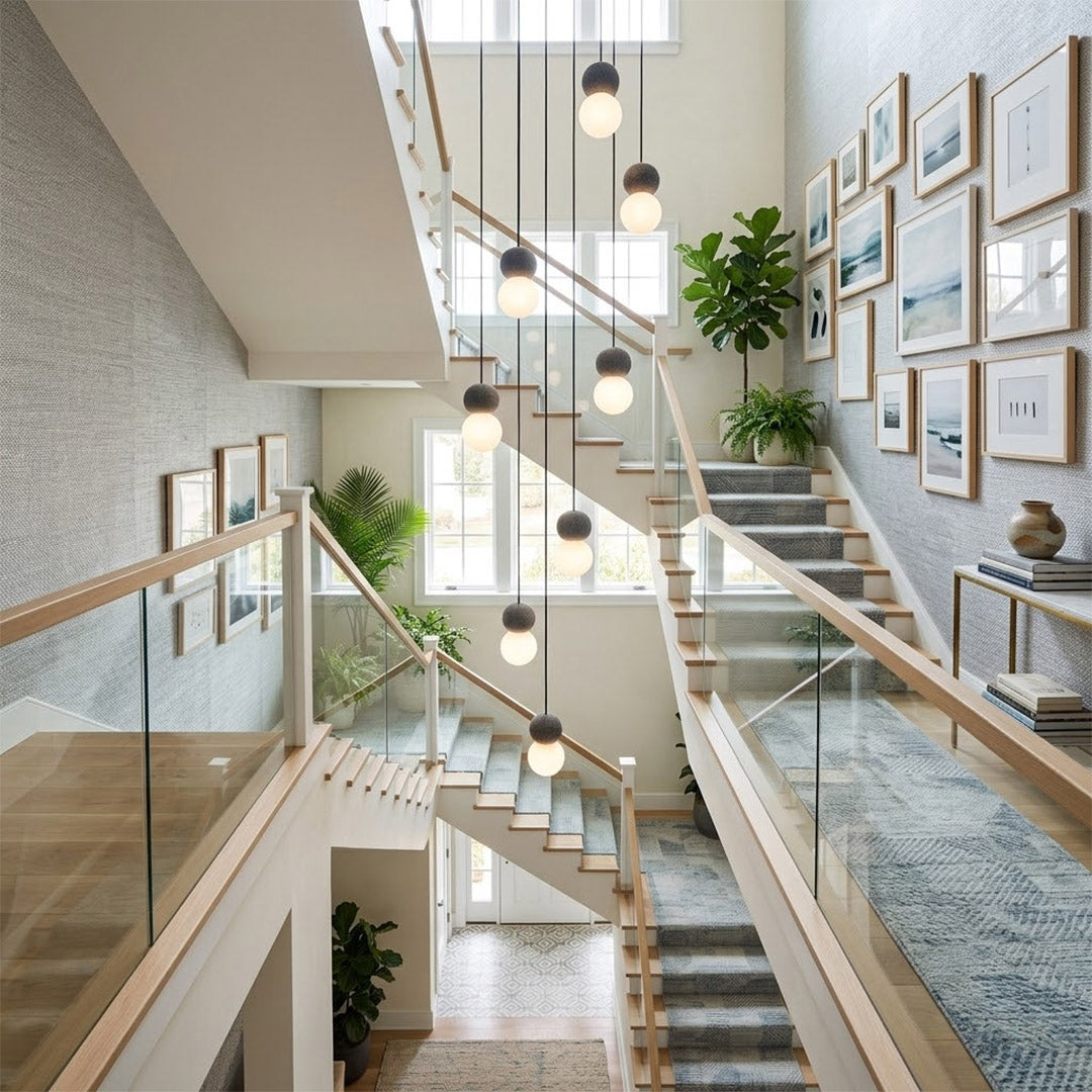 Norra concrete mini pendant cluster staircase stairwell vertical hanging different heights statement modern interior