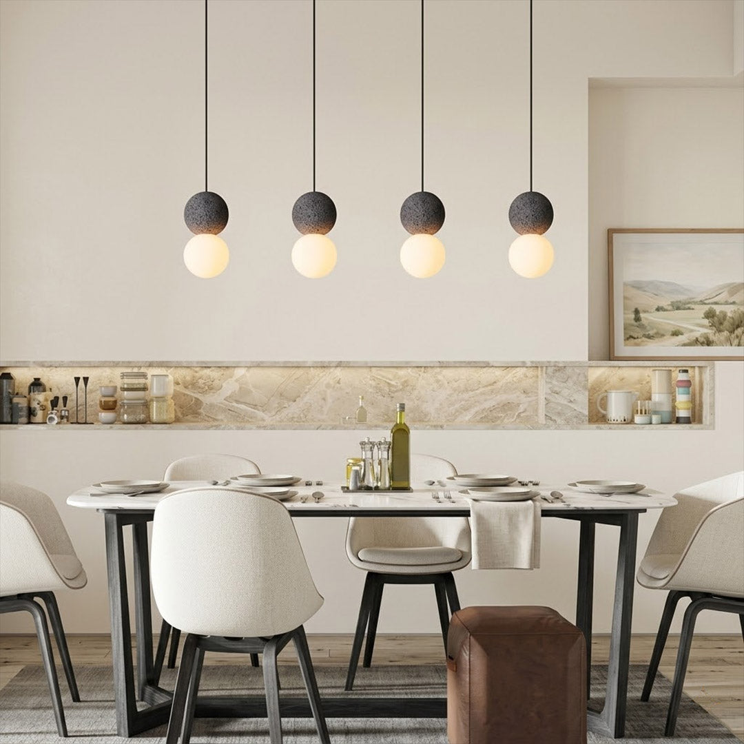 Norra Grey concrete mini pendant trio three lights above kitchen island modern industrial interior