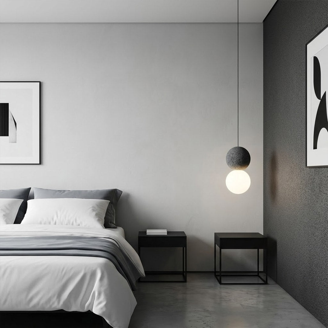Norra Pink concrete mini pendant pair hanging beside bed instead of bedside lamps modern girly bedroom