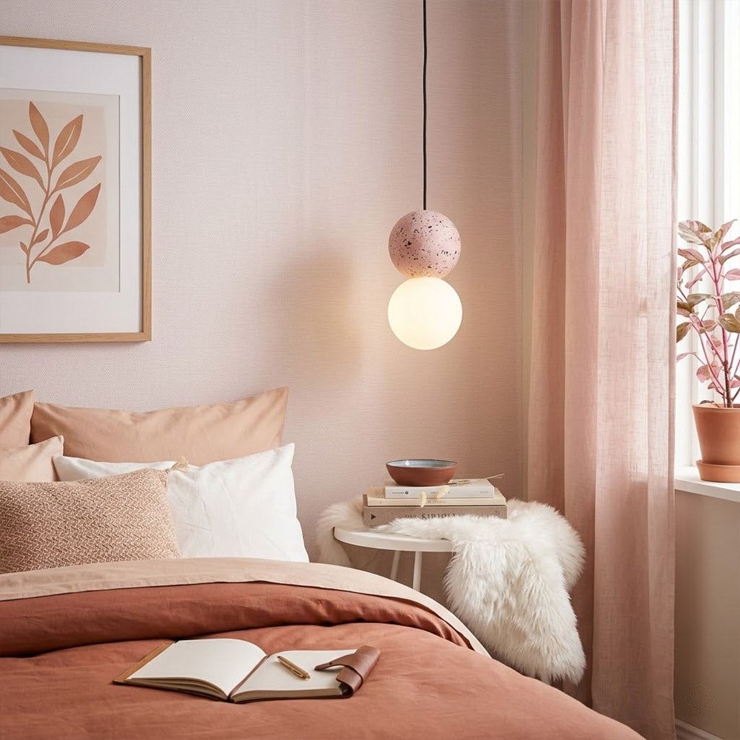 Norra Pink concrete mini pendant pair hanging beside bed instead of bedside lamps modern girly bedroom