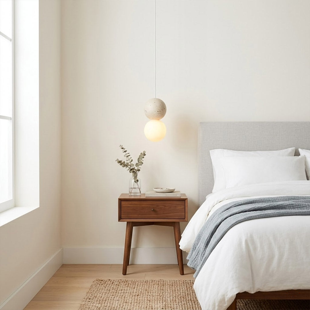 Norra Pink concrete mini pendant pair hanging beside bed instead of bedside lamps modern girly bedroom