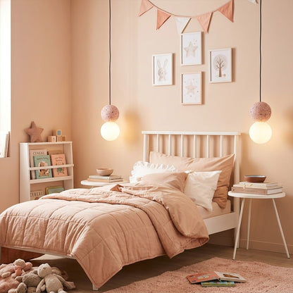 Norra Pink concrete mini pendant pair hanging beside bed instead of bedside lamps modern girly bedroom