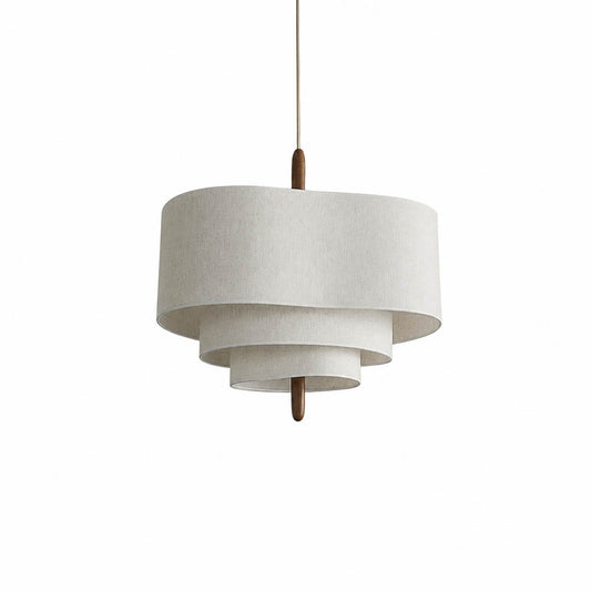 Nuvola pendant light small 17.7 inch diameter multi-layered off-white fabric shade walnut wood accent mid-century modern boho Japandi soft warm dining bedroom white background