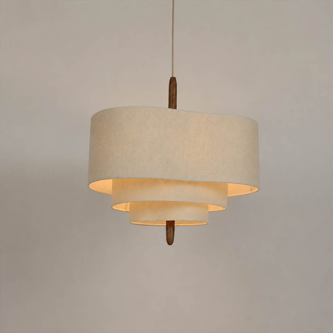 Nuvola pendant light small 17.7 inch diameter multi-layered off-white fabric shade walnut wood accent mid-century modern boho Japandi soft warm dining bedroom white background
