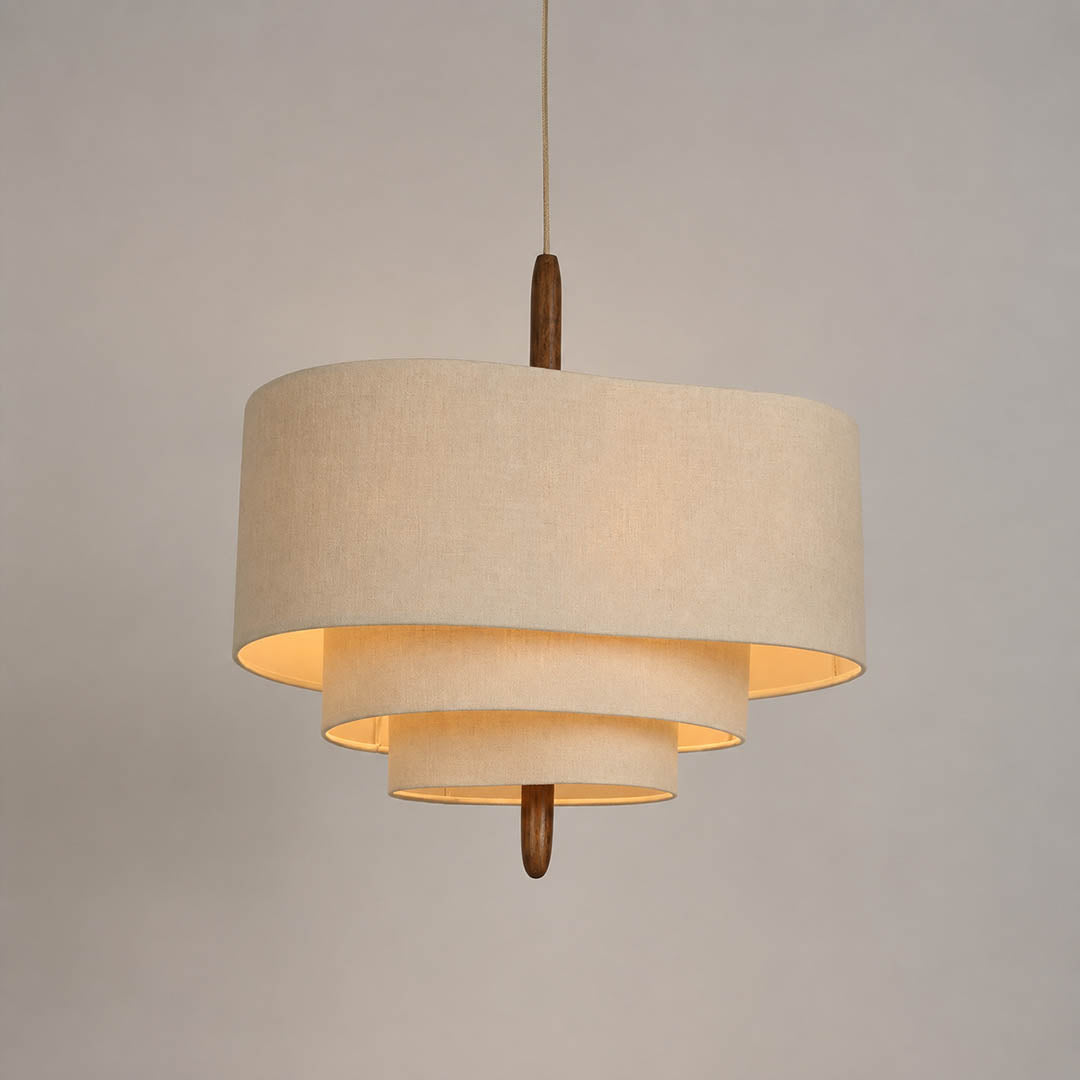 Nuvola pendant light large 27.6 inch diameter multi-layered off-white fabric shade walnut wood accent mid-century modern boho Japandi soft warm dining bedroom white background