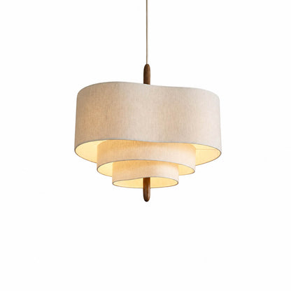 Nuvola pendant light small 17.7 inch diameter multi-layered off-white fabric shade walnut wood accent mid-century modern boho Japandi soft warm dining bedroom white background