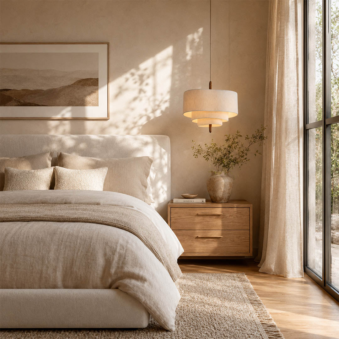 Nuvola pendant light medium modern primary bedroom over bed statement hanging soft multi-layered fabric shade walnut accent mid-century boho warm ambient intimate cozy sophisticated American home lifestyle interior