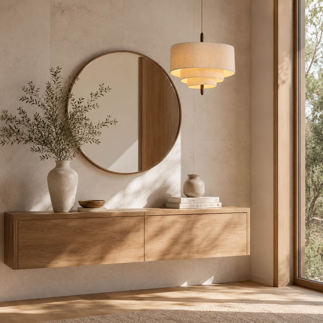 Nuvola pendant light small modern entryway foyer solo hanging soft multi-layered fabric shade walnut accent mid-century boho warm ambient welcome sophisticated American home lifestyle interior