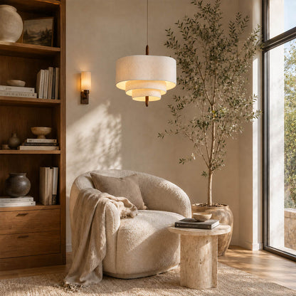 Nuvola pendant light modern Japandi neutral interior hanging soft multi-layered fabric shade walnut accent mid-century warm ambient sophisticated cozy calm American home lifestyle interior