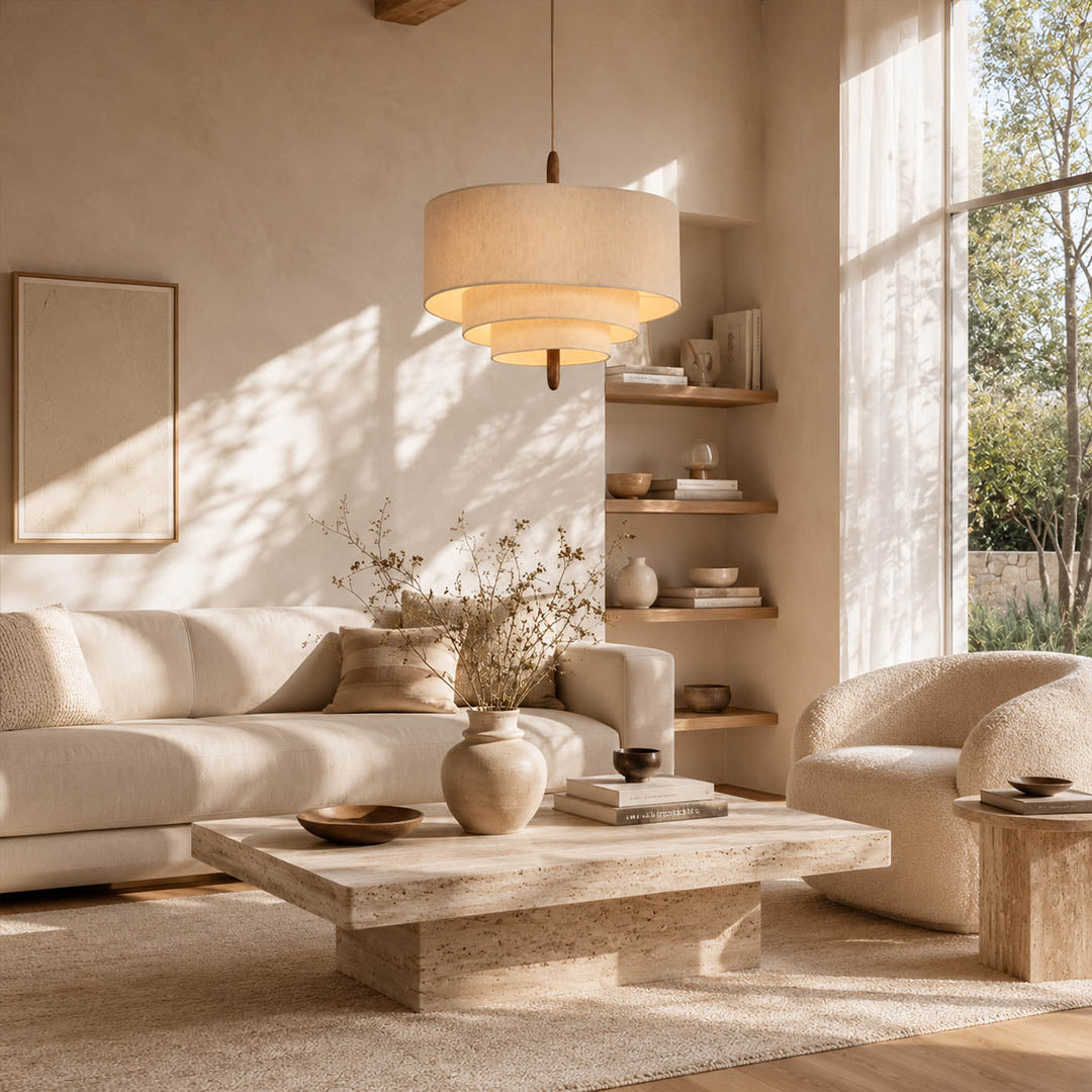 Nuvola pendant light large modern open plan living room hanging soft multi-layered fabric shade walnut accent mid-century boho warm ambient sophisticated architectural American home lifestyle interior