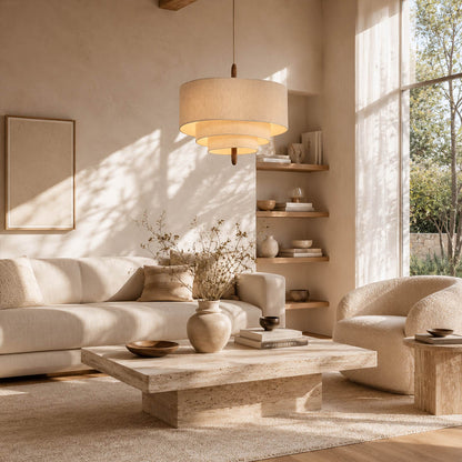 Nuvola pendant light large modern open plan living room hanging soft multi-layered fabric shade walnut accent mid-century boho warm ambient sophisticated architectural American home lifestyle interior