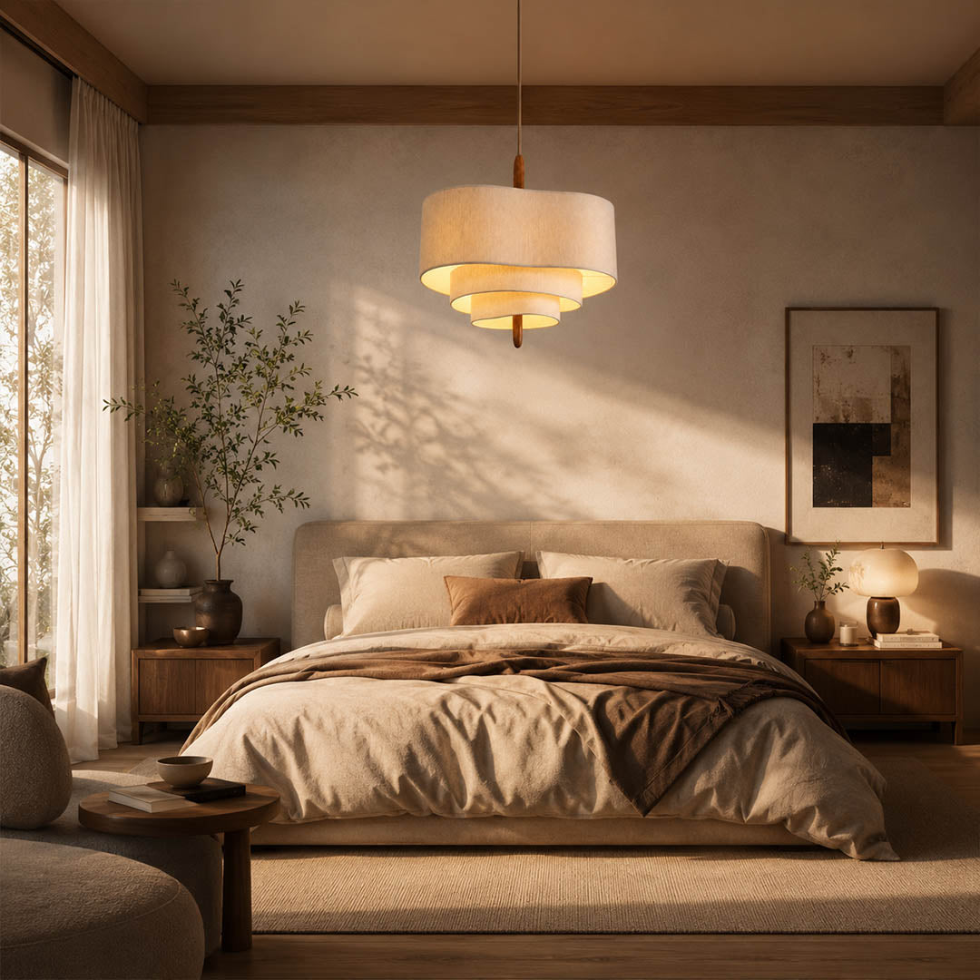 Nuvola pendant light medium modern primary bedroom over bed statement hanging soft multi-layered fabric shade walnut accent mid-century boho warm ambient intimate cozy sophisticated American home lifestyle interior