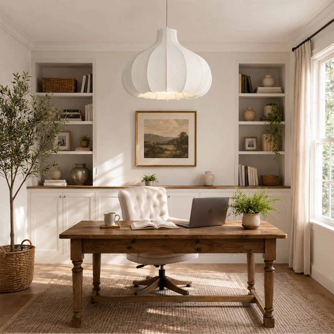 Odalia silk drum pendant modern home office study desk warm ambient minimalist Japandi productivity soft lifestyle interior