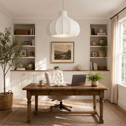 Odalia silk drum pendant modern home office study desk warm ambient minimalist Japandi productivity soft lifestyle interior