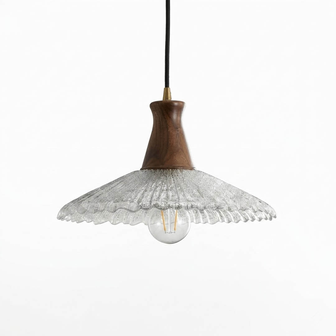 Olive pendant light glass shade natural wood canopy brass 12 inch white background