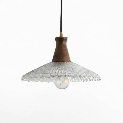 Olive pendant light glass shade natural wood canopy brass 12 inch white background