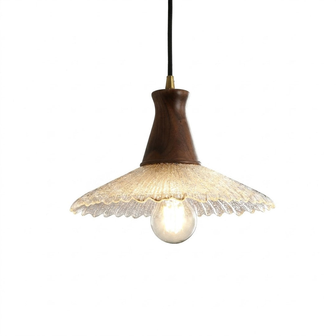 Olive pendant light glass shade natural wood canopy brass 10 inch white background