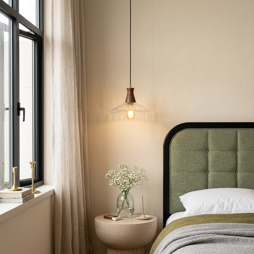 Olive small pendant light hanging beside nightstand bedroom replacement for table lamp
