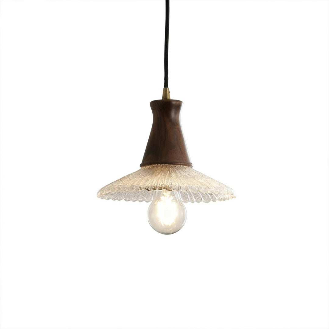 Olive pendant light glass shade natural wood canopy brass 8 inch white background