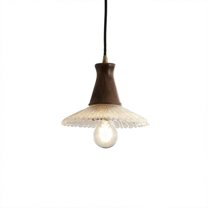 Olive pendant light glass shade natural wood canopy brass 8 inch white background