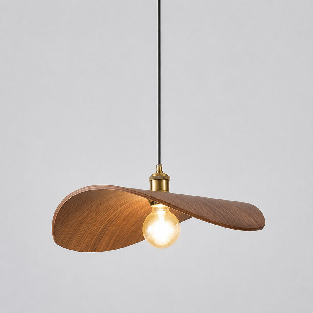 Small 15-inch Onda curved wood pendant light over a compact breakfast nook table