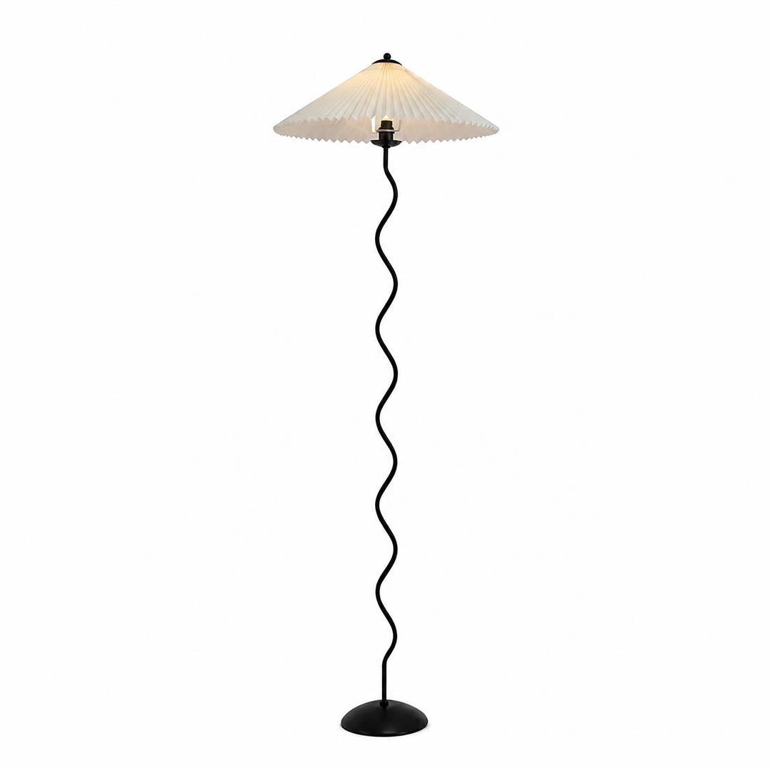 Onda floor lamp modern sculptural squiggle wavy black metal base beige fabric drum shade 59 inch tall E14 postmodern Memphis inspired statement bedroom white background