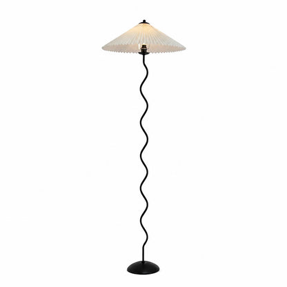 Onda floor lamp modern sculptural squiggle wavy black metal base beige fabric drum shade 59 inch tall E14 postmodern Memphis inspired statement bedroom white background