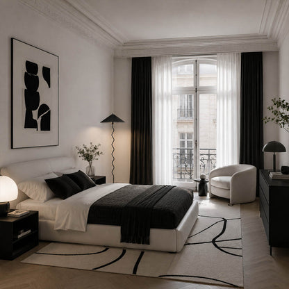 Onda floor lamp white modern primary bedroom corner sculptural squiggle wavy black metal base fabric drum shade postmodern Memphis inspired statement warm ambient lifestyle interior