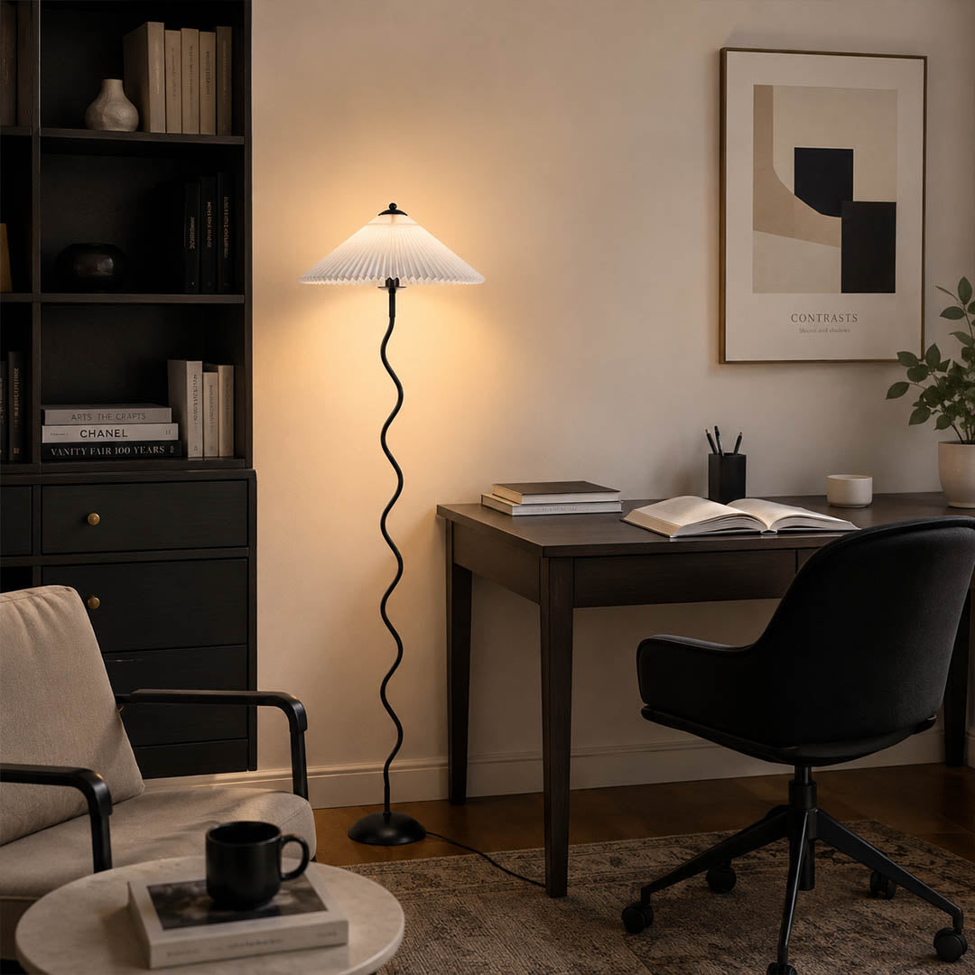 Onda floor lamp dark green modern study library corner sculptural squiggle wavy black metal base fabric drum shade postmodern Memphis inspired statement warm ambient lifestyle interior