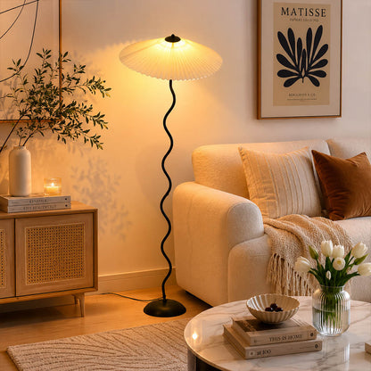 Onda floor lamp beige modern living room sofa side sculptural squiggle wavy black metal base fabric drum shade postmodern Memphis inspired statement warm ambient lifestyle interior