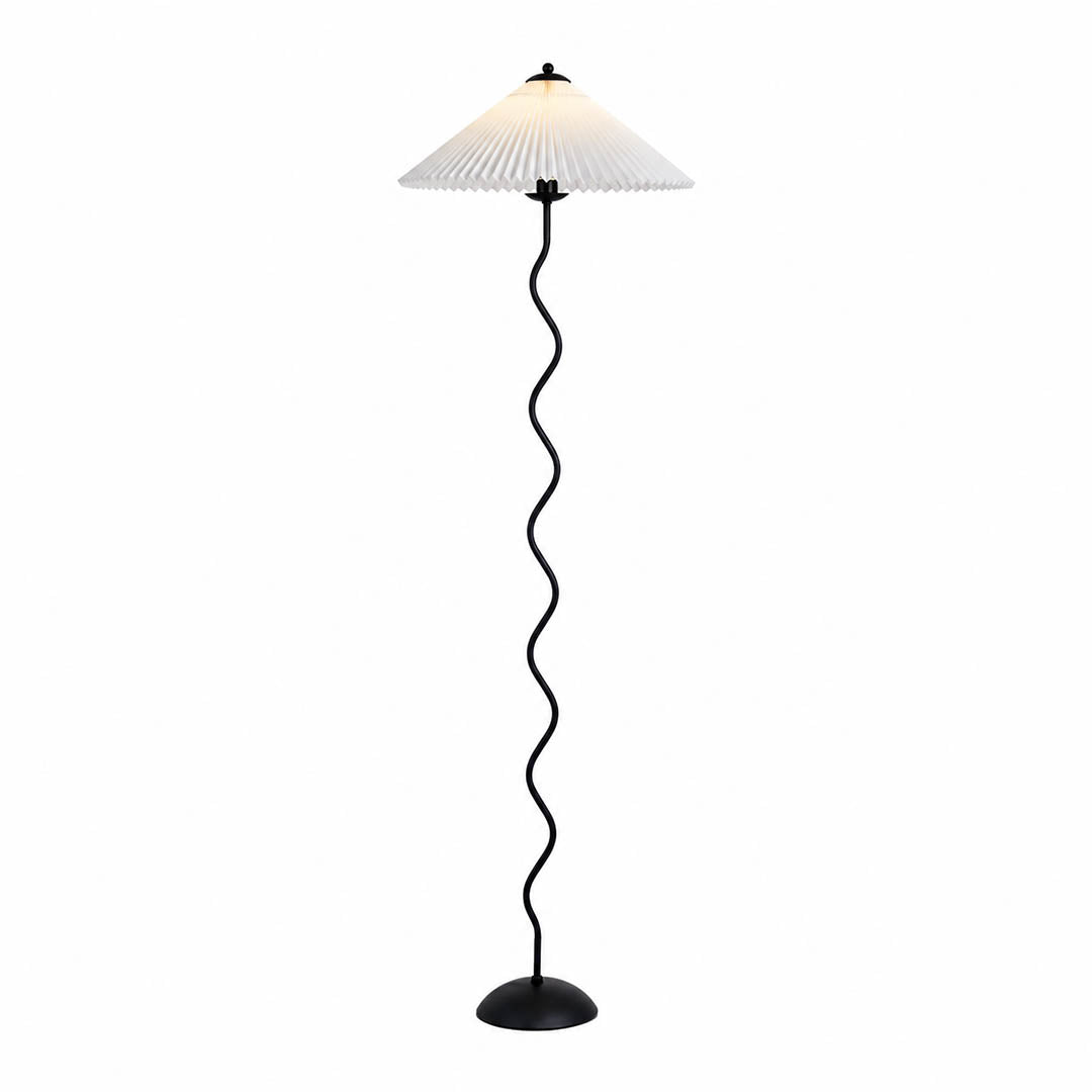Onda floor lamp modern sculptural squiggle wavy black metal base white fabric drum shade 59 inch tall E14 postmodern Memphis inspired statement bedroom white background