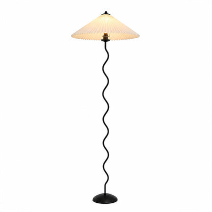 Onda floor lamp modern sculptural squiggle wavy black metal base white fabric drum shade 59 inch tall E14 postmodern Memphis inspired statement bedroom white background