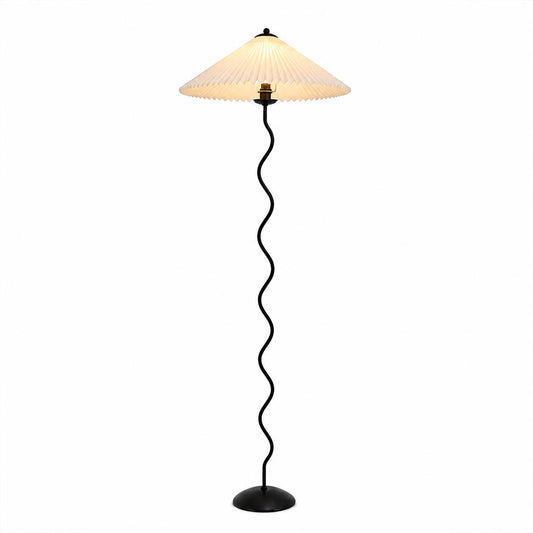 Onda floor lamp modern sculptural squiggle wavy black metal base white fabric drum shade 59 inch tall E14 postmodern Memphis inspired statement bedroom white background