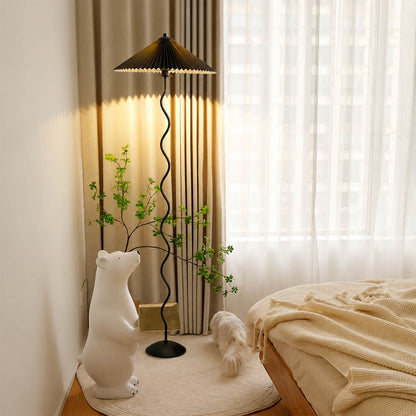 Onda floor lamp white modern primary bedroom corner sculptural squiggle wavy black metal base fabric drum shade postmodern Memphis inspired statement warm ambient lifestyle interior