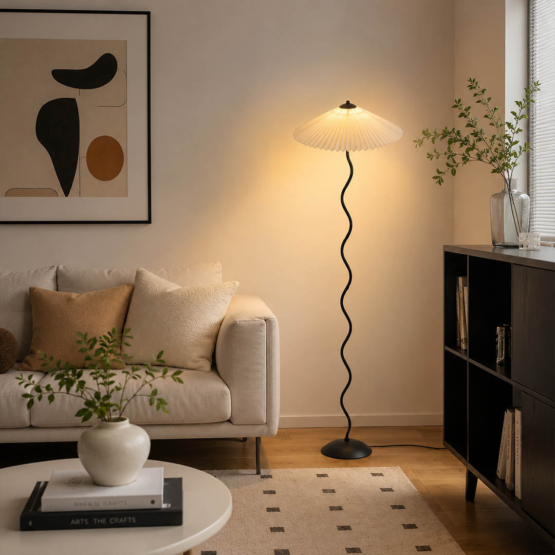 Onda floor lamp beige modern living room sofa side sculptural squiggle wavy black metal base fabric drum shade postmodern Memphis inspired statement warm ambient lifestyle interior