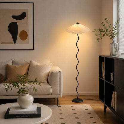 Onda floor lamp beige modern living room sofa side sculptural squiggle wavy black metal base fabric drum shade postmodern Memphis inspired statement warm ambient lifestyle interior