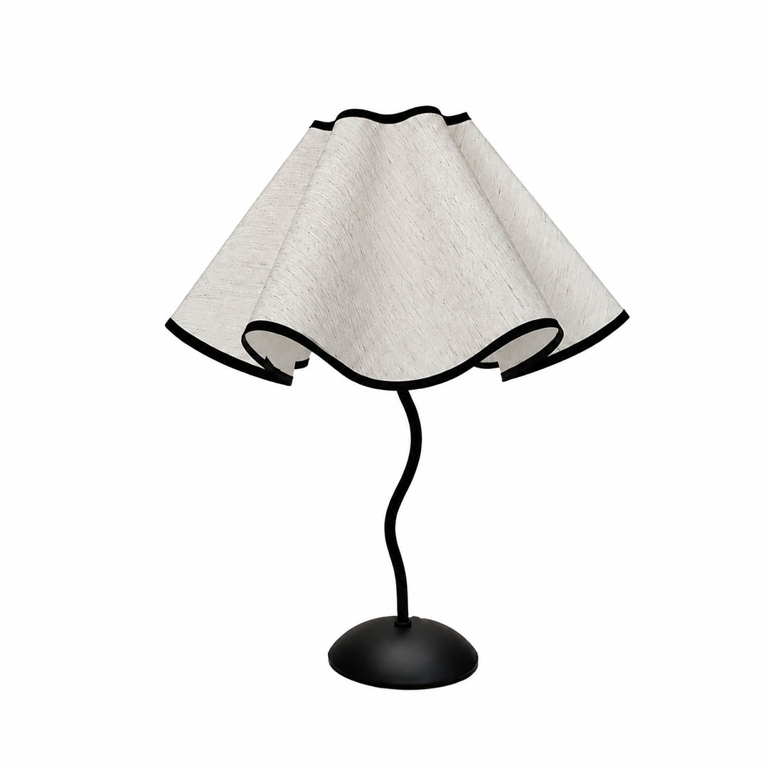 Onda table lamp modern vintage sculptural squiggly wavy black metal base white linen pleated shade 14.1 inch bedside statement bedroom postmodern inspired unique white background