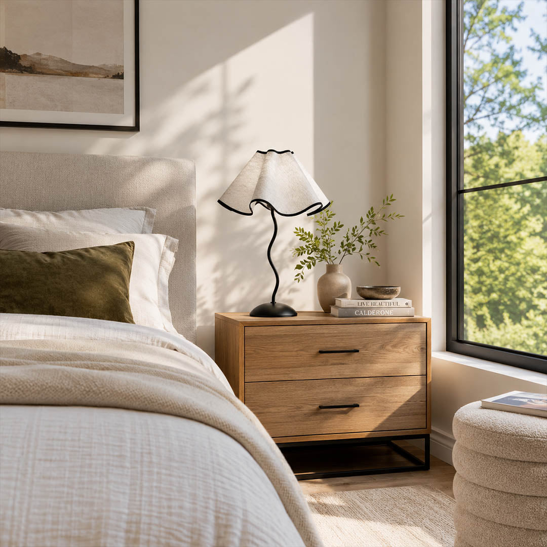 Onda table lamp modern bedroom pair bedside nightstands matching statement vintage inspired warm ambient sculptural squiggly base pleated shade symmetrical intimate lifestyle interior