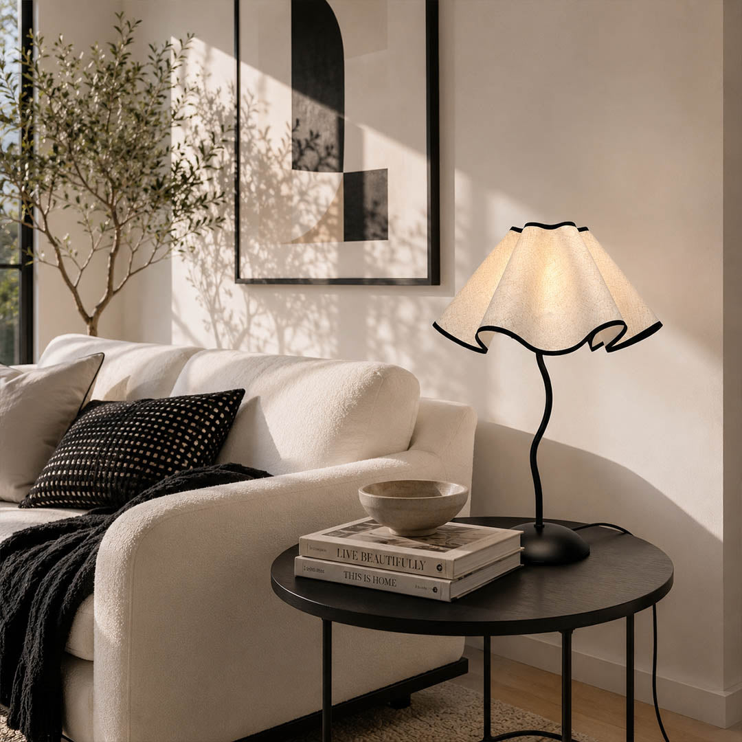 Onda table lamp modern living room side table end table sofa statement vintage inspired warm ambient sculptural squiggly base pleated shade elegant intimate lifestyle interior