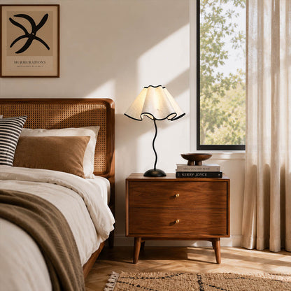 Onda table lamp modern bedroom pair bedside nightstands matching statement vintage inspired warm ambient sculptural squiggly base pleated shade symmetrical intimate lifestyle interior