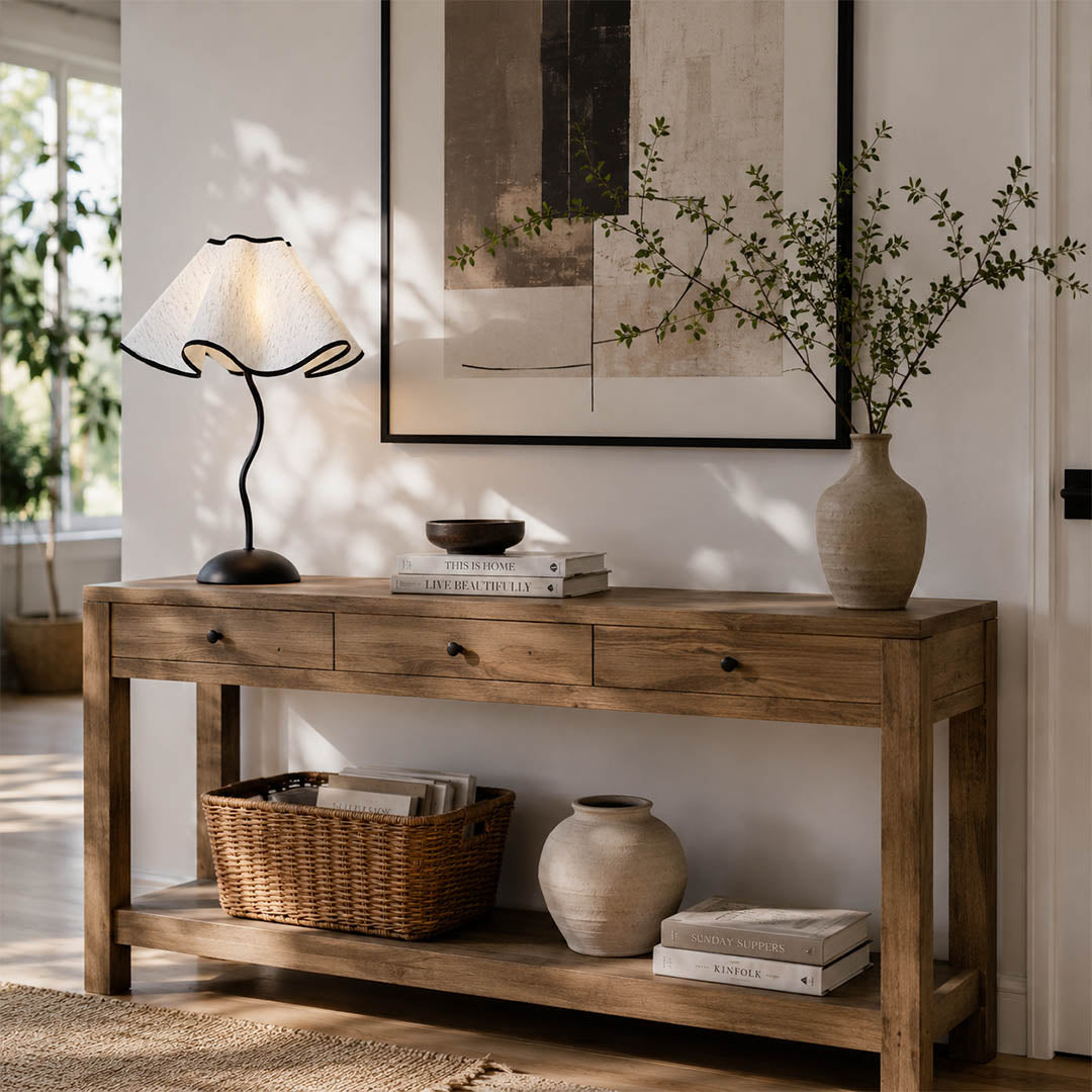 Onda table lamp modern entryway foyer console table welcome statement vintage inspired warm ambient sculptural squiggly base pleated shade elegant lifestyle interior