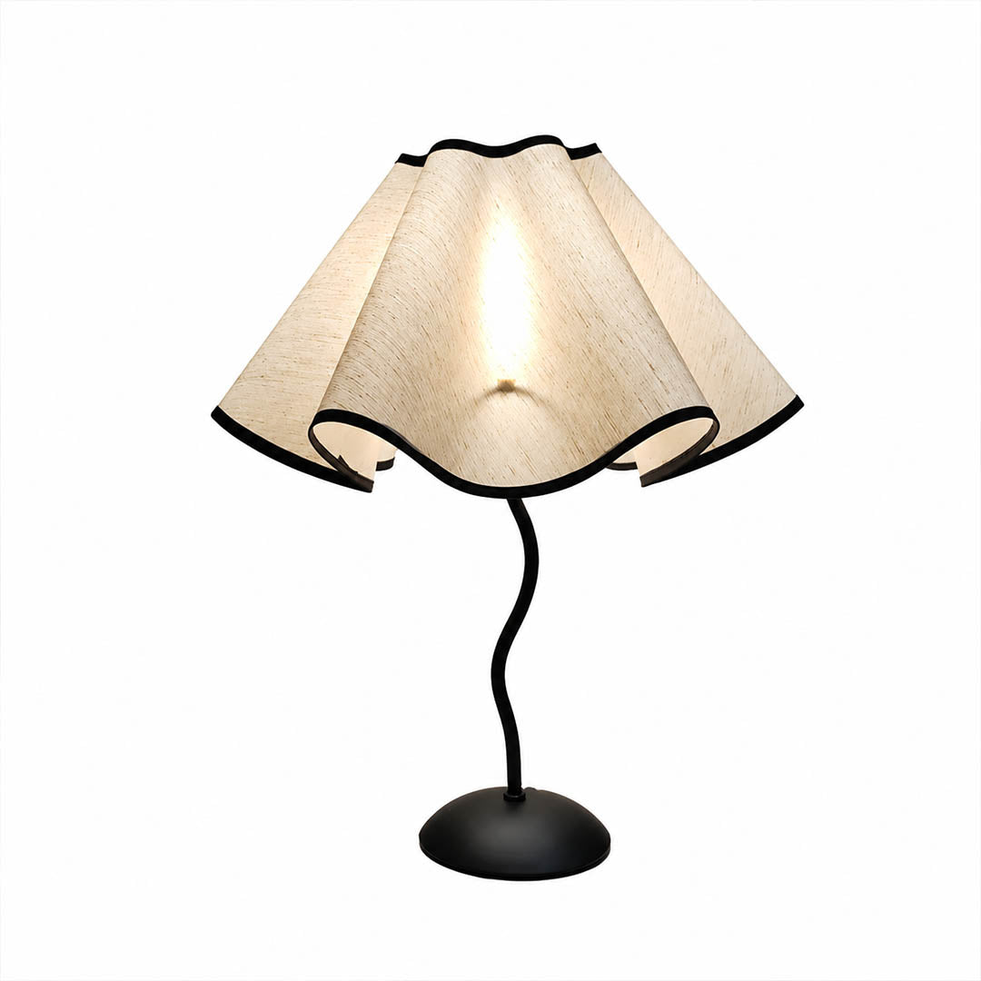 Onda table lamp modern vintage sculptural squiggly wavy black metal base white linen pleated shade 14.1 inch bedside statement bedroom postmodern inspired unique white background