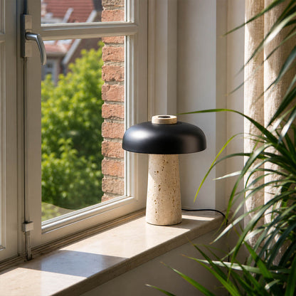 Onda large travertine dome table lamp vintage modern side table mid century retro elegant natural stone matte black warm glow lifestyle interior