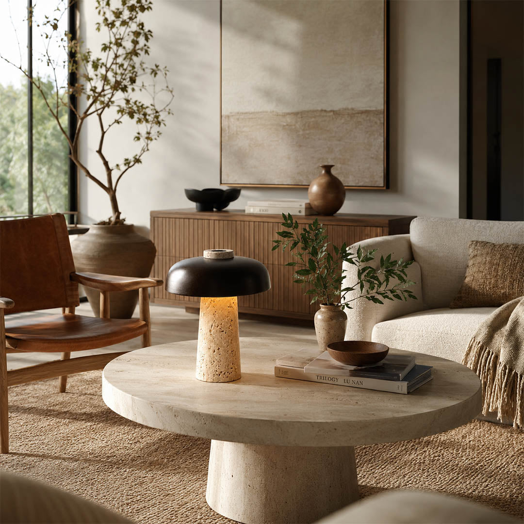 Onda large travertine dome table lamp living room side table sofa accent modern minimalist industrial natural stone warm glow lifestyle interior
