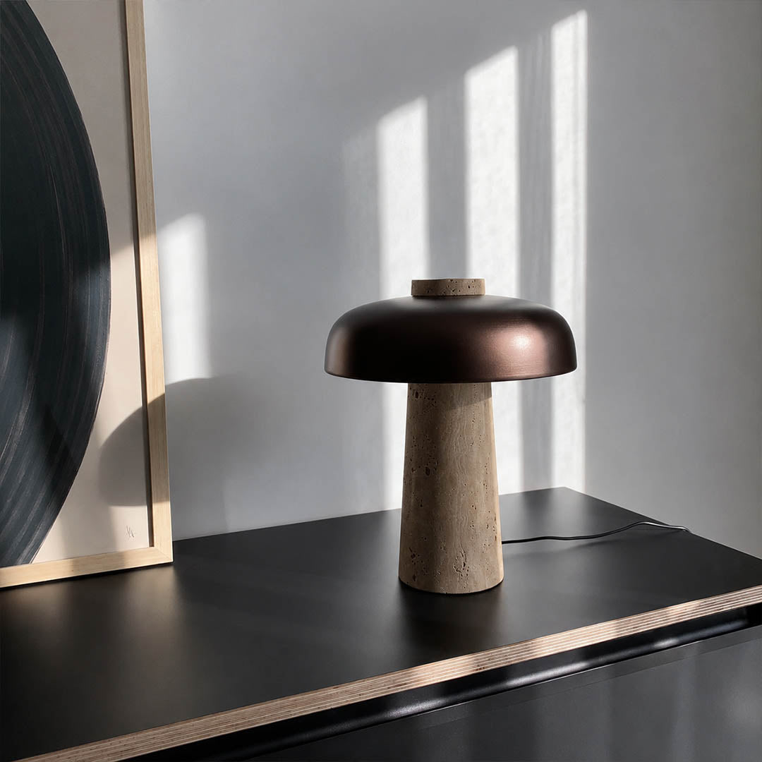 Onda small travertine dome table lamp Japandi modern desk reading corner study office minimalist matte black warm glow lifestyle interior