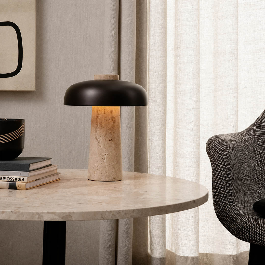 Onda large travertine dome table lamp living room side table sofa accent modern minimalist industrial natural stone warm glow lifestyle interior