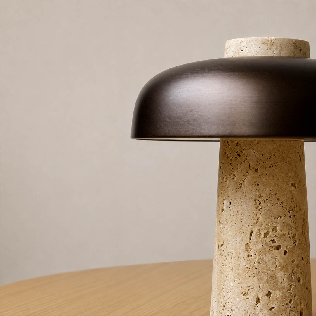 Onda large travertine dome table lamp vintage modern side table mid century retro elegant natural stone matte black warm glow lifestyle interior