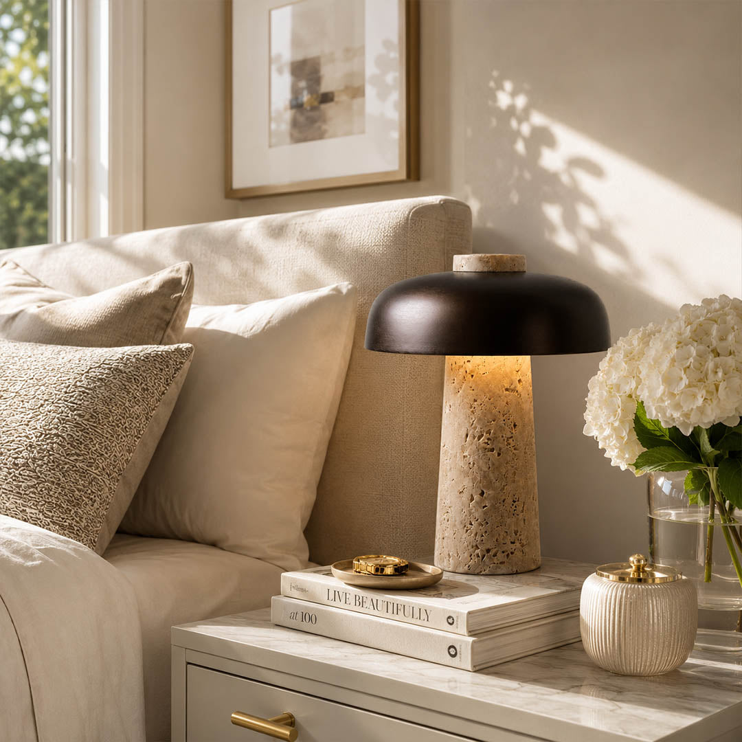 Onda small travertine dome table lamp modern industrial bedside nightstand primary master bedroom minimalist matte black walnut wood warm glow lifestyle interior